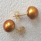 9M CULTURED GOLDEN Brown PEARL 14KY GOLD EARRINGS