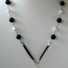 White Pearl and Black Agate Leather & Sterling Necklace White Pearl and Black Agate Leather & Sterling Necklace