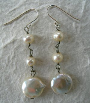 Sterling Silver 925 White Coin Pearl Dangle Earrings