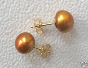 9M CULTURED GOLDEN Brown PEARL 14KY GOLD FILLED EARRINGS