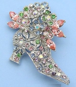 Silver Tone Crystal Flowered Ankle Boot Pin Brooch