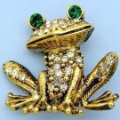 Antiqued Gold Tone Crystal Frog Pin Brooch w/Green Eyes