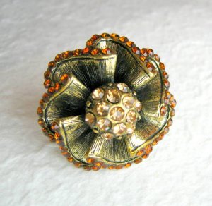 Art Deco Gold Flower Adjustable Ring w/Rhinestones
