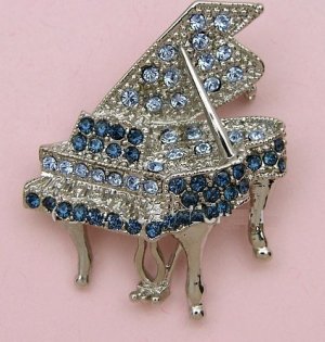 Silver Tone Crystal Grand Piano Pin Brooch Blue