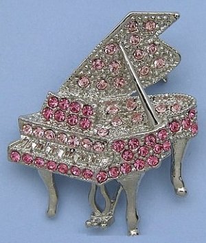 Silver Tone Crystal Grand Piano Pin Brooch Pink