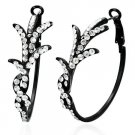 Black Metal and White CZ French Clip Hoop Earrings 1.5"