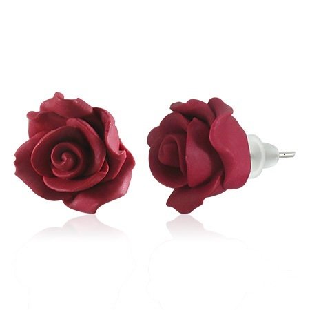 Deep Red Rose Flower Fimo Clay Earrings