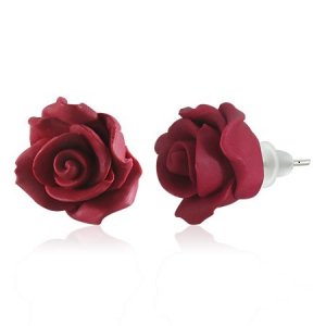 Deep Red Rose Flower Fimo Clay Earrings