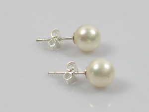 White Round Cultured Pearl Sterling Silver Earrings