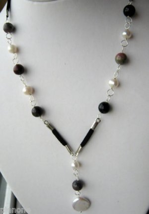 White Pearl & Tourmaline Leather 925 Silver Necklace