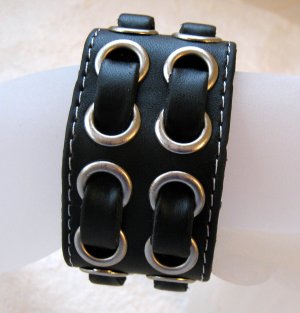 Woven Black Leather and Metal Snap Bracelet