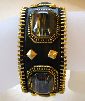 Genuine Black Leather Acrylic Stone Metal Snap Bracelet
