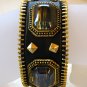 Genuine Black Leather Acrylic Stone Metal Snap Bracelet
