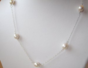 8-9mm White Rice Pearl Sterling Silver Necklace 18"