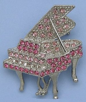 Silver Tone Crystal Grand Piano Pin Brooch