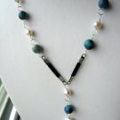 White Pearl & Blue Larimar Leather 925 Silver Necklace White Pearl & Blue Larimar Leather 925 Silver Necklace