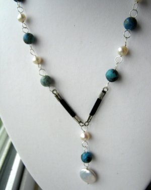 White Pearl & Blue Larimar Leather 925 Silver Necklace