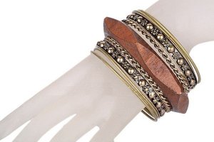 Antiqued Brass and Wood Bangle 9 Piece Bracelet Set