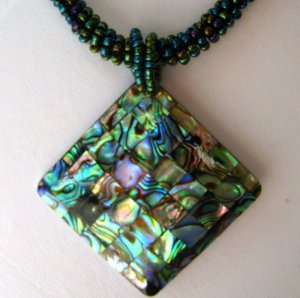 Paua Abalone Shell Pendant and Seed Bead Necklace