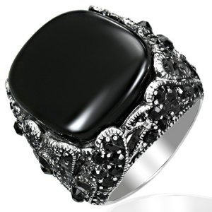 Art Deco Style Black Agate & CZ Medallion Ring Size 9