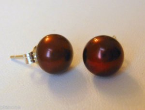 Chocolate Brown Color Pearl Sterling Silver 925 Earrings 8-8.5mm
