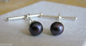 6-7mm Black Cultured Pearl Cuff Links - Sterling Silver