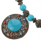 Faux Turquoise & Coral Vintage Medalion & Wood Necklace