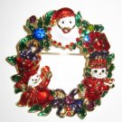 Christmas Wreath Santa & Snowman Pin Brooch with Crystals