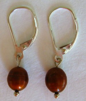 Sterling Silver Chocolate Brown Pearl Leverback Earrings