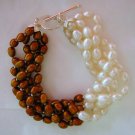 Chocolate & White Color Cultured Pearl Bracelet 5 Strands 7"