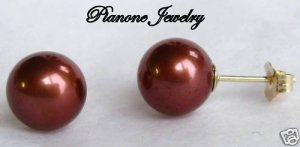 14k Yellow Gold Chocolate Brown Pearl Earrings 7-7.5mm Round