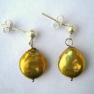 Golden Freshwater Coin Pearl Dangle Earrings Sterling Silver .925