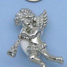 Silver Crystal Angel with Wings Playing Trumpet Pin Brooch White Crystals