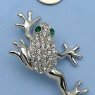 Silver Tone White Crystal Frog with Green Crystal Eyes Pin Brooch 1.8" Long