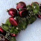8" Red Wine Color Cultured Pearl & Green Peridot Bead Silver Tone Bracelet 8" Red Wine Color Cultured Pearl & Green Peridot Bead Silver Tone Bracelet