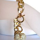 Gold or Silvertone Oval Link Charm Bracelet Rhinestone Studded Heart Dangle