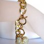 Gold or Silvertone Oval Link Charm Bracelet Rhinestone Studded Heart Dangle