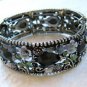 Black Rhinestone Stretch Cuff Bracelet Silvertone Acrylic Flowers Green Leaves
