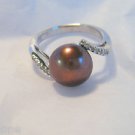 Sterling Silver .925 White Diamond and Chocolate Brown Freshwater Pearl Ring