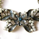 Vintage Design Goldtone Antiqued Rhinestone & Pearl Butterfly Pendant Necklace