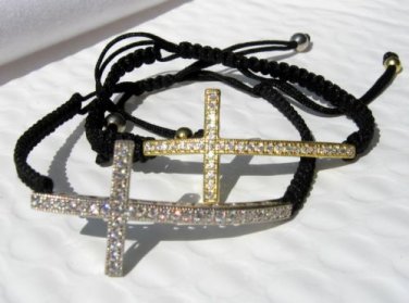 Sterling Silver .925 Sideways Cross Braided Bracelet with Cubic Zirconia
