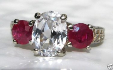 14k White Gold White Sapphire and Ruby Ring with Filigree Carved Band 2.32 Cts
