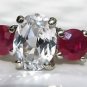 14k White Gold White Sapphire and Ruby Ring with Filigree Carved Band 2.32 Cts