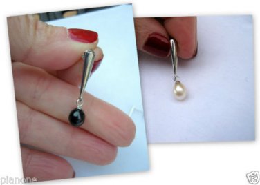 6-7mm Cultured Freshwater Pearl Dangle Earrings Sterling Silver .925 Black White