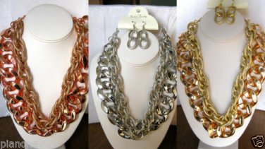 Chunky Metal Chain Necklace Matching Earrings 1.5" Links 17-20" Gold,Silver,Rose