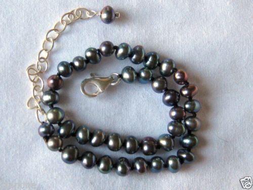 Black & Gray Freshwater Seed Pearl & Sterling Silver Ankle Bracelet 8"-10"