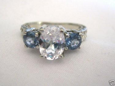 14k White Gold White and Blue Sapphire Ring with Filigree Carved Band 2.32 Cts