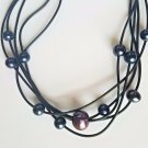 18" Black Freshwater Pearl Leather Necklace 5-Strands w/11 Stationed Pearls