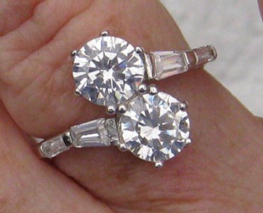 2 Carat Sterling Silver CZ Two-Stone Bypass Ring with CZ Baguettes Trending NOW
