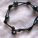 Black Freshwater Pearl Beaded Leather Bracelet 7" or 8"